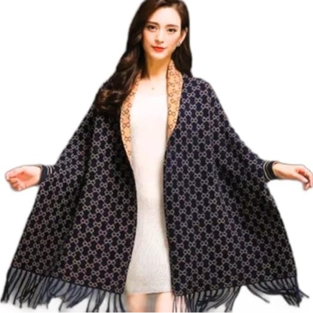 Double-sided Wool-Cashmere Pashmina Cardigan Poncho Shawl with Sleeves